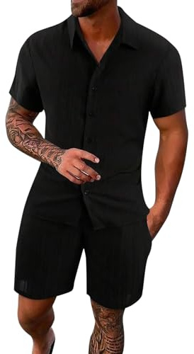 Genérico Conjunto de 2 Piezas Hombre Verano Playa Lino Camisa Manga Corta y Pantalones Cortos Casual Transpirable Fresco Suave Estilo Moda A4