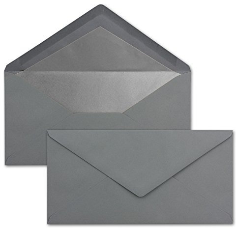 25 Brief-Umschläge DIN Lang - Graphit/Dunkel-Grau mit Silber-Metallic Innen-Futter - 110 x 220 mm - Nassklebung - festliche Kuverts für Weihnachten
