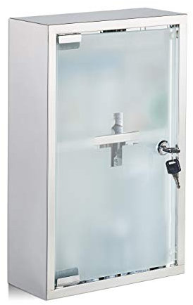 Relaxdays, silber Medizinschrank Edelstahl, Glastür, 2 Fächer, abschließbar, Arzneischrank, glänzend, HBT: 40x25x11cm