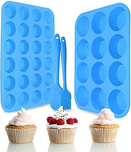2-Pack Silicone Muffin Pan Set for Baking Regular 12 Cups Deep Muffin Tray and 24 Cups Mini Cupcake Baking Mould, BPA Free, Non Stick, Heat-Resistant with Bonus 1 Silicone Spatula & 1 Oil Brush