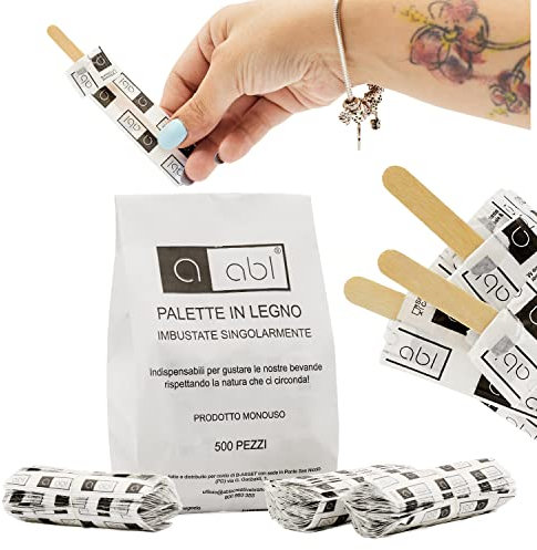 Palette in Legno in Sacchetto di Carta - Palettine Monouso per Girare Zucchero Bevande e Caffe nei Bicchierini - 500 Cucchiaini da Caffe - Singole Buste - Stecca gelato - Made in Italy