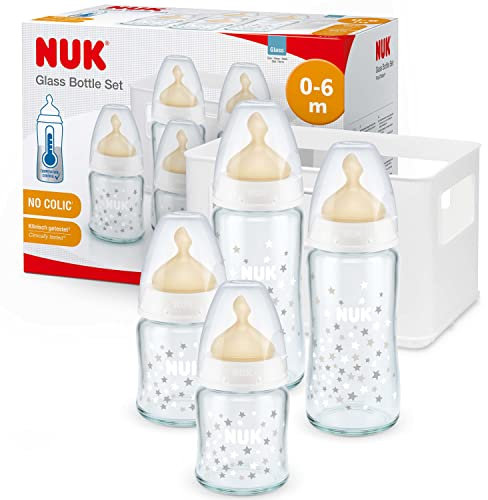 NUK First Choice+ Kit de démarrage de biberons, en verre et latex, pour bébés de 0 à 6 mois, 4 biberons, avec contrôle de la température et boîte à biberon, système anti-colique, sans BPA, 5 pièces