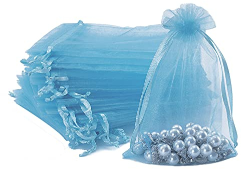 DoGeek 60pcs Blue Organza Gift Bags Medium 10 x 15cm Drawstring Jewelry Pouches Wedding Party Favour and Candy Bags