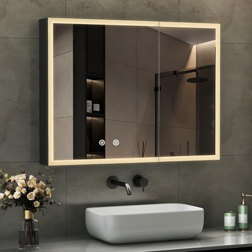 Boromal Spiegelschrank Bad mit Beleuchtung Schwarz Spiegelschrank mit Beleuchtung Metall LED Badezimmerschrank mit Dimmbar + Beschlagfrei + Stecker + Verstellbare Glasablage (80 x 60 x 13 cm)