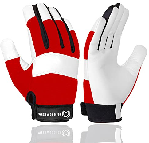 WESTWOOD FOX Trädgårdshandskar Thorn Proof Flexibla Heavy Duty Läder Mekaniker Utility Dexterity Andningsbara bygghandskar för arbete Herrar Kvinnor (Red, M)