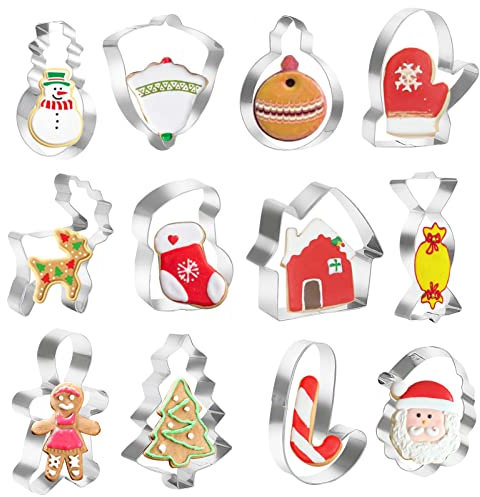 12 PCS Christmas Cookie Cutters Set Metal Xmas Biscuit Cutters Stainless Steel Fondant Icing Cutters Christmas Tree Reindeer Snowman Gingerbread Man Santa Cookie Cutter Shapes for Pastry Baking Kids