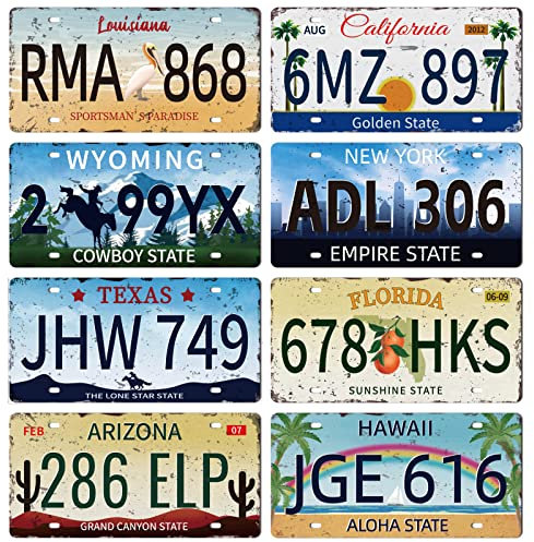 GLOBLELAND 8Pcs Vintage License Plate Metal Iron Sign Plaque Poster Retro Metal Wall Decorative Tin Signs 11.8×5.9inch for Home Bar Coffee Shop Club Bohemian Room Decoration