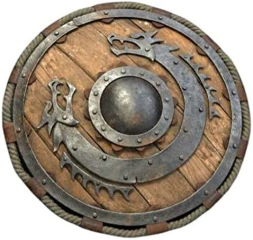 Medieval Wooden Viking Flying Dragon Armor Shield Antique Finish with Handles & Rope Round Handcrafted Knight Battle Shield For LARP, Cosplay, Renaissance Fairs,Halloween, historical reenactment