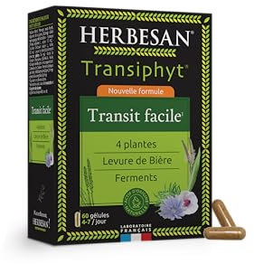 HERBESAN®-TRANSIPHYT - NOUVELLE FORMULE - Triple actions : Transit naturel, Bien-être digestif, Microbiote intestinal -Complexe de 4 Plantes, Levure de bière et Ferments lactiques - 60 Gélules