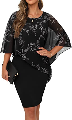 QIXING Abito da donna in chiffon, con scollo rotondo, a matita, lunghezza al ginocchio, elegante, da sera, con sovrapposizione, casual, da donna, Fiori in bianco e nero, M