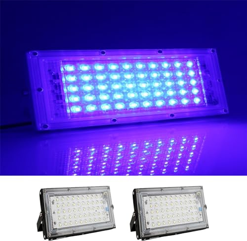 MODOAO Luces de inundación para exteriores, paquete de 2 luces LED azules de 50 W 4800 lm, luz exterior IP66, impermeable, para patio, jardín, garaje, césped, cancha