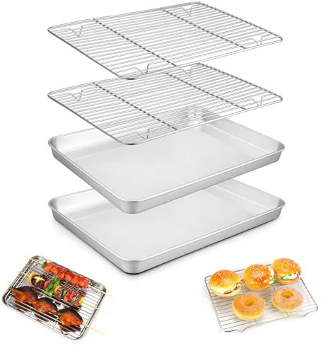 Skibetfo Set of 4 Stainless Steel Wire Rack and Baking Trays for Oven Non Stick,Large Oven Tray Sheet with Rack,Rectangle Cooking Grill Trays for Oven,Tray Bake Tins for Cake Roasting Meat (17 * 23cm)