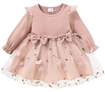 Alunsito Vestido de verano y otoño para niñas pequeñas con estampado floral vestidos de tutú de punto de manga larga vestido de princesa flores largas rosa 6-9 meses