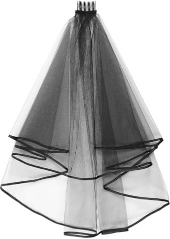 Andibro Kurzer Hochzeits Brautschleier mit Kamm, 2 stufiger Tüll Brautschleier Schwarz Halloween Schleier Spitze Hexe Cosplay Ellbogenlänge Hochzeitsschleier Bandkante 60–80 cm
