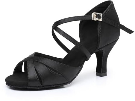 Rosefinch Latein Tanzschuhe für Frauen Weiche Sohle Strass-Schnalle Salsa Ballroom Performance Schuhe Professionelle Praxis Tanzschuhe 7cm Absatz, Schwarz 39EU