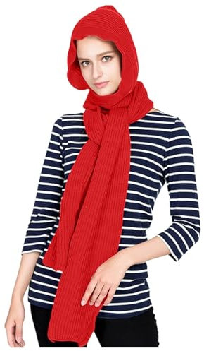 Damen Kapuzenschal, Winter, warm, Strickmütze, Schal, 2-in-1, Kapuzenmütze, Schal, Wickeltuch, Schal, Häkelstrickpullover, Halswärmer, Häkelschal, Wickelmütze, Schals, rot, One size