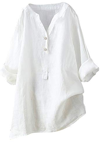 Top de Manga Larga de Algodón Lino para Mujeres Blusa de Manga Larga de Botones Color Sólidos Blusa Relajada y Cómoda en Camisa Blanca Primavera Verano Ropa Casual al Aire Libre