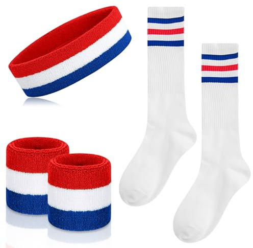 Flintronic Muñequera Set, Muñequeras Gym y Calentadores Piernas para Mujeres Hombres Accesorios, Rojo, Blanco y Azul