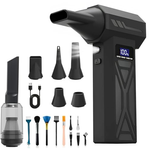 2-in-1 Aria Compressa Elettrico Rimuovi Polvere, 150000 RPM Spolverino Soffiatore Aspirapolvere, 4 Velocità Regolabili & Display LCD, Batteria 4000mAh Ricaricabile USB C per PC Auto Tastiera