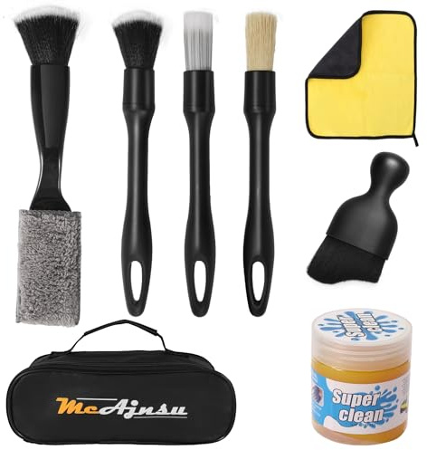 Qocuzax 8-Piece Car Interior Detailing Kit - 160g Non-Sticky Gel (128% More Than 70g), Ultra-Soft Detail Brush, Boars Hair Brushes, Dual-Head Vent Brush, Towel & Bag | for Cars, Trucks, SUVs