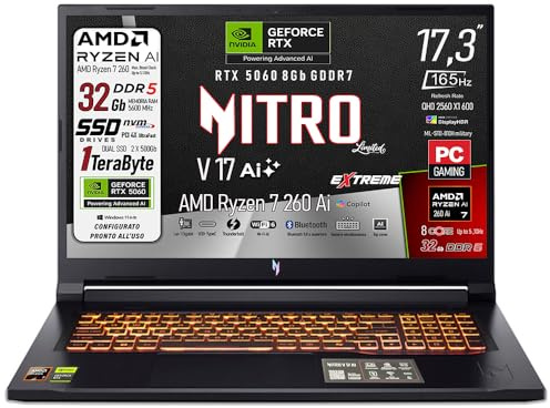 Acer Notebook Gaming Nitro V17 Ai, Ryzen7 260, Ram 32Gb ddr5, SSD da 1Tb(512Gb X 2), Display 17,3 QHD da 165Hz, NVIDIA GeForce RTX 5060 8Gb GDDR7, Wi-Fi 6e, Thunderbolt 4.0, Win 11, Ready to use