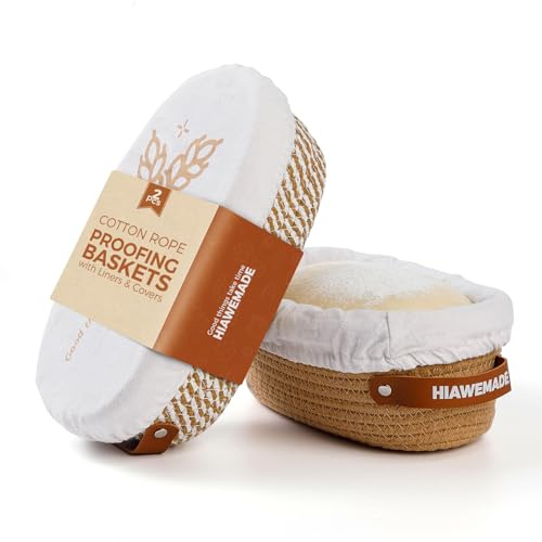HIAWEMADE Banneton Bread Proofing Basket, Natural Cotton Rope Bread Baskets with Reusable Liners & Dust Covers, Artisan Sourdough Bread Baking Supplies, 2pcs - 10 Oval