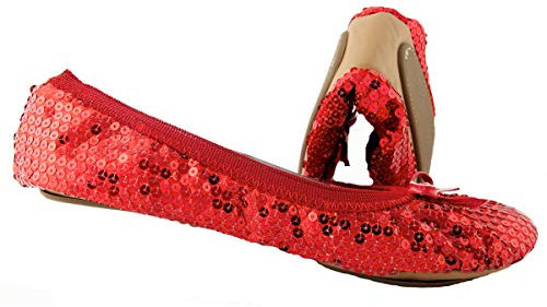 Sequin sparkle foldable portable shoes - Comfortable women ballet flats That foldup and fit in bag, Red, 12