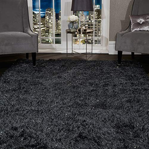 SHAGGY RUG Super Plush Extra Large Rugs Living Room with SHIMMERING SPARKLE GLITTER STRANDS Fluffy 55mm Thick Pile Height Modern Area Rugs - (Charcoal Black, 160cm x 230cm (5.5ft x 7.5ft))