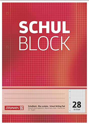 Brunnen 1052528 Schulblock/Notizblock (A4, 50 Blatt, kariert, mit Randlinien, Lineatur 28, gelocht, kopfverleimt, 70 g/m²) (10)