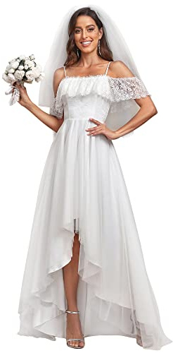 Ever-Pretty Vestido de Novia Alto Bajo Largo para Mujer A-línea Encaje Corte Imperio Bohemia Elegantes Blanco 38