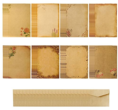 Brevpapper och kuvertset, 48 stycken vintage skrivpapper, kraftpapper skrivpapper, 8 stilar, med 24 kuvert av kraftpapper, för bröllop, inbjudningar, gratulationskort, forsränning (24 x 14,5 cm)