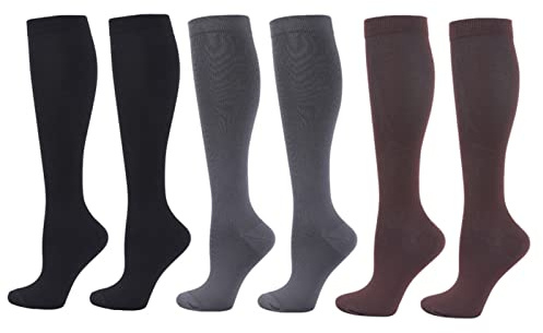 Zingso Calcetines de Compresión (6 pares) para Hombres y Mujeres de 20 a 25 mmHg Medias de Compresión, los Mejores para Atletismo, Carrera, Viajes en avión, Apoyo (S/M, 2Negro+ 2Café+ 2Gris)