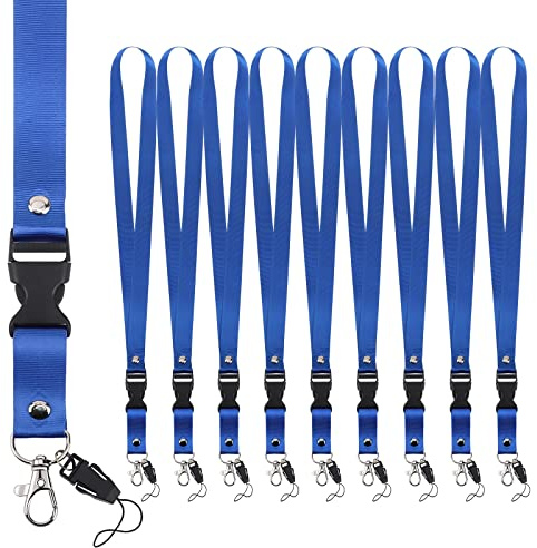 Segus Lanière tour de Cou Bleu, 10 Pièces Long Cordon Bleu avec Mousqueton Porte Clé Pivotant Métal, Longes pour Porte Badges d'Identification, Carte de Bus, Strap non Imprimée, Fournitures de Bureau