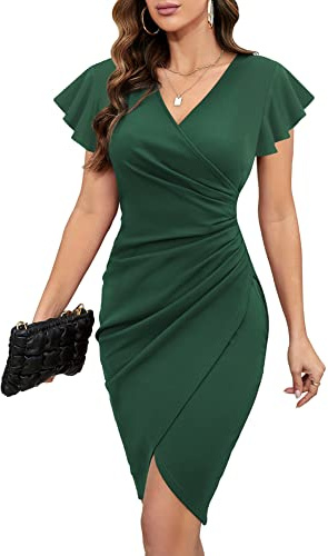 Machico Women's Evening Cocktail Party Short Dress Wrap V Neck Ruffle Sleeve Asymmetrical Dress Dark-Green
