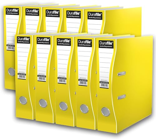 Durafile Lever Arch Files, Yellow, Pack of 10 Folders, Heavy Duty Board Construction Suitable for A4 Size Documents, Ideal folders for School, Home and the Office