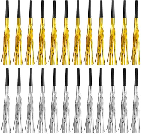 24 PCS Rumore per Feste, Soffiatori per Feste di Metallo e Argento con Frange Glitterate Soffiatori Musicali per bambini e adulti, Noisemakers per Bambini Compleanno Baby Shower Natale Capodanno