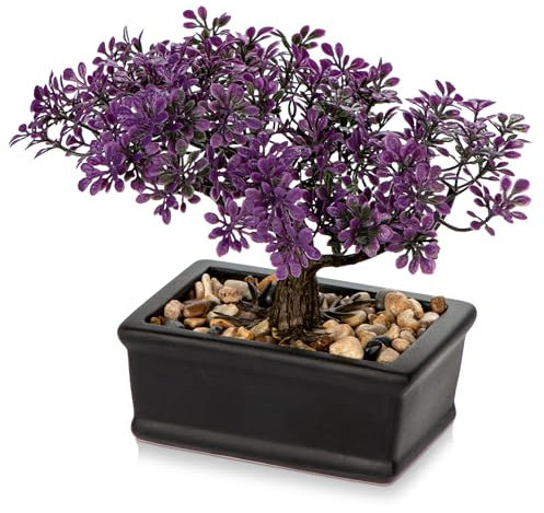 Hollyone 6.5 Purple Artificial Bonsai Tree - Japanese Indoor Plant Decoration, Faux Podocarpus for Home Décor, Desk, Table, Office