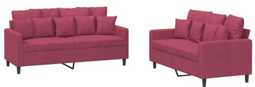 vidaXL Sofagarnitur 2-TLG., Sessel Couch mit Kissen, Sofa Wohnzimmersofa mit Armlehnen, Couchgarnitur Designsofa Sitzmöbel Polstermöbel, Weinrot Samt