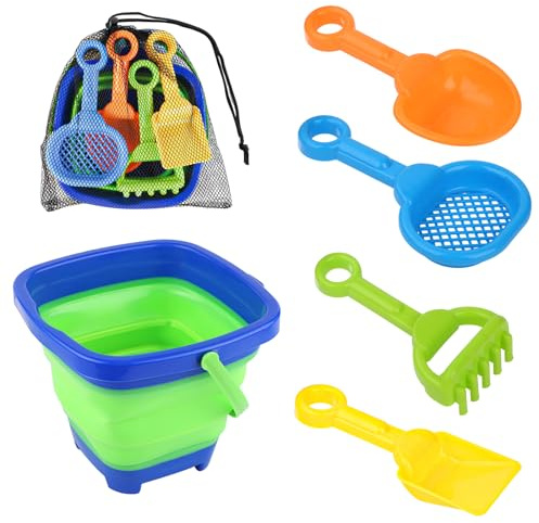 NQEUEPN 6pcs Beach Toys Set, Collapsible Bucket with 4 Shovels Sand Toys & Mesh Bag Foldable Portable Travel Beach Bucket Sand Toys for Kids Boys Girls Fun Summer Beach Party Activities (Blue)