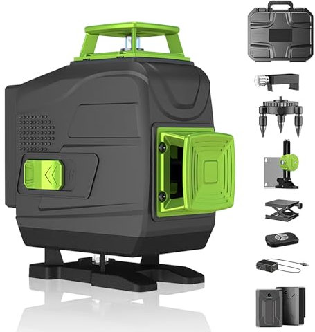 Niveau Laser 4 x 360°, 4D 16 Lignes Laser Rotatif Horizontal Vertical d'outil, avec Fonction d'auto-nivellement, avec Télécommande & 2xBatteries Rechargeables, chantier de construction