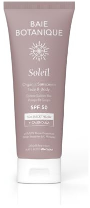 Baie Botanique Soleil Mineralischer ungiftiger Sonnenschutz Sonnenschutz für Gesicht und Körper Tube SPF 50 Sanddorn & Calendula Natürlich Vegan Kein Nano-Zink Ohne chemische Filter UVA/UVB 240g