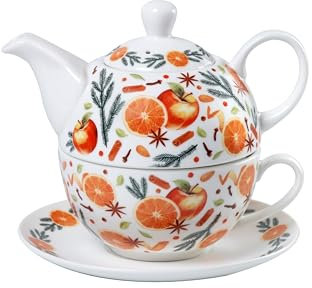 TEA SHOP - Tea for One Xmas Tea - Juego de té de Porcelana - Incluye tetera, taza y plato - Todo en uno - Diseño Exclusivo de Frutas
