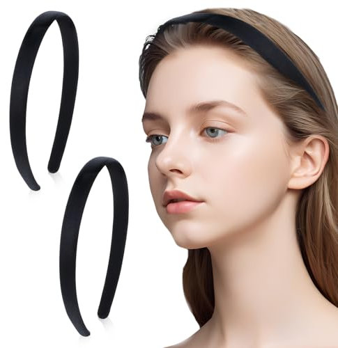 Thinp 2 cerchietti per capelli da donna, larghi, in raso, larghezza 1,5 cm, fascia rigida alla moda, colore nero, antiscivolo, tinta unita, accessorio per capelli fai da te per donne, ragazze, feste