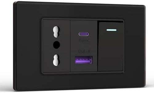BSEED Presa Elettrica da Muro Bipasso con Interruttore 1 Gang, Carica Rapida 20W, Presa Bivalente 10A/16A con USB A e C 118mm per Ufficio e Casa, Nero