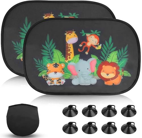 Auto Sonnenschutz Baby mit UV Schutz 44x36cm - 2 Stück - Autofenster Sonnenschutz für Personenkraftwagen, für Kinder mit süßen Tier Motiven (Wild Life)