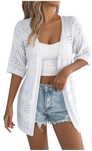 Women's Crochet Cardigans Hollow Out Short Sleeve Cardigan Open Front Casual Knitted Sweater Jacket Ladies Summer Cardigans Lightweight Beach Coverups Shrugs Outwear Top Ladies Knit Top