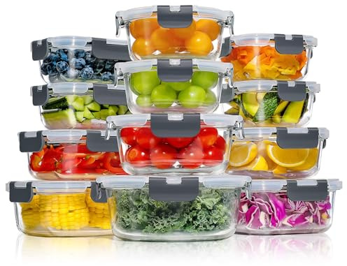 YASHE Glasbehälter mit Deckel, 12 Teile Stapelbar & Luftdicht Meal Prep Boxen Glas für Spülmaschinenfest, Mikrowellen & Gefrierschrankgeeignet - Auslaufsicher, BPA-Frei Glasdosen mit Deckel Set