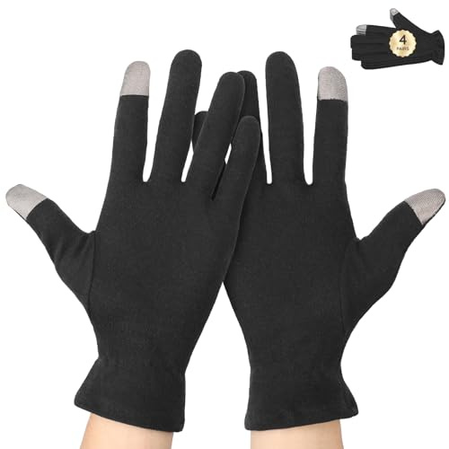 Segbeauty 8 Counts Elastic Touchscreen Black Sleeping Cotton Gloves Liners, 4 Pairs Hand Moisturizer Gloves with Elastic Band, Soft Sleeping Work Glove for Dry Hands Overnight Care Lotion Cotton Glove