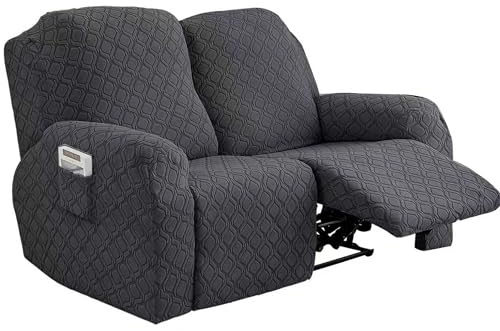 ATEK 2 Seater Recliner Chair Cover, Stretch Recliner Sofa Covers with Side Pockets, Anti-Slip Fitted Washable Replacement Furniture Protector (Dark Gray)