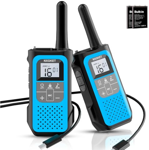 NXGKET Walkie Talkie Niños Recargable, 24 Horas de Tiempo de Trabajo, 5 km de Largo Alcance, 16 Canales, Función VOX, Walkie Talkies para Acampadas y Senderismo al Aire Libre, Paquete de 2